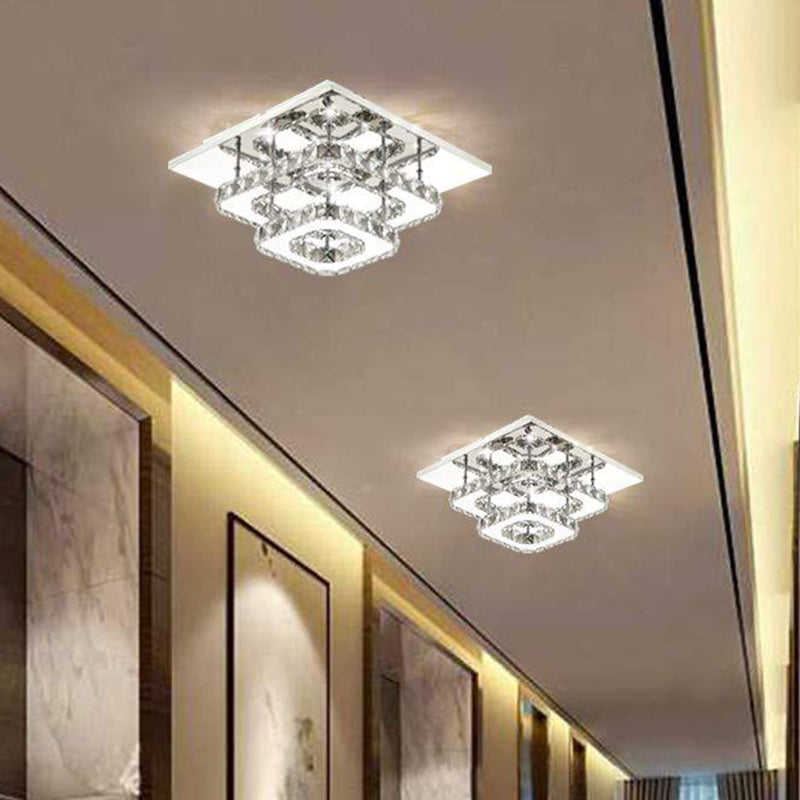 Contemporary Led Chrome Square Ceiling Lamp: Clear Crystal Flush Mount Lighting For Porch