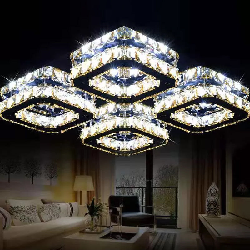 Modern Style Chrome Flush Ceiling Light With Faceted Crystal - Block Flushmount Lighting