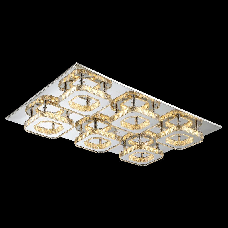 Modern Style Chrome Flush Ceiling Light With Faceted Crystal - Block Flushmount Lighting