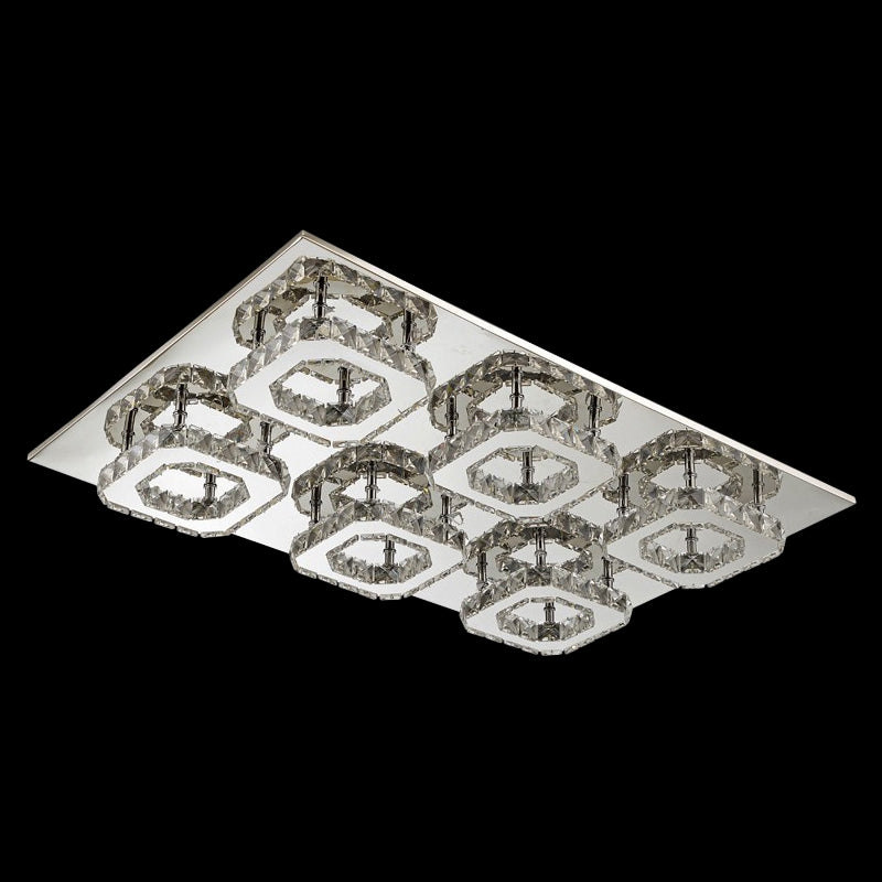 Modern Style Chrome Flush Ceiling Light With Faceted Crystal - Block Flushmount Lighting