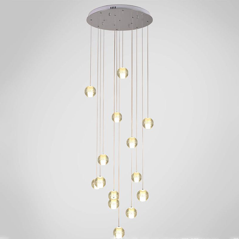 Modern Crystal Chrome Multi Pendant Ceiling Lamp For Stairs - Global Suspension 14 / Clear