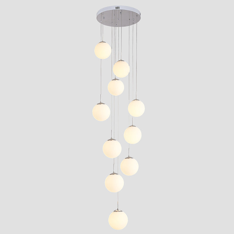 Sleek Silver Staircase Pendant Light With Cream Glass Shades - 10 Head Cluster Design