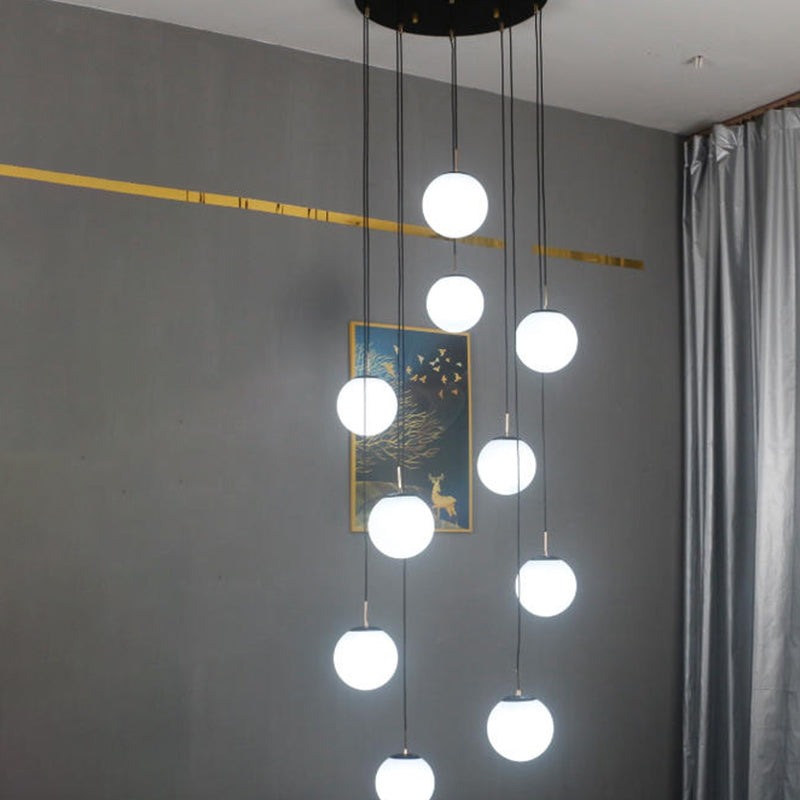 Modernist Cream Glass Ball Pendant Light With 10 Black Suspension Lamps - Perfect For Living Room /