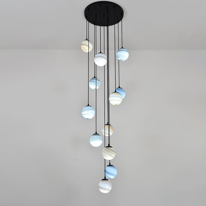 Modern Textured Glass Multi-Light Pendant For Stairs - Black Suspension Lighting Fixture
