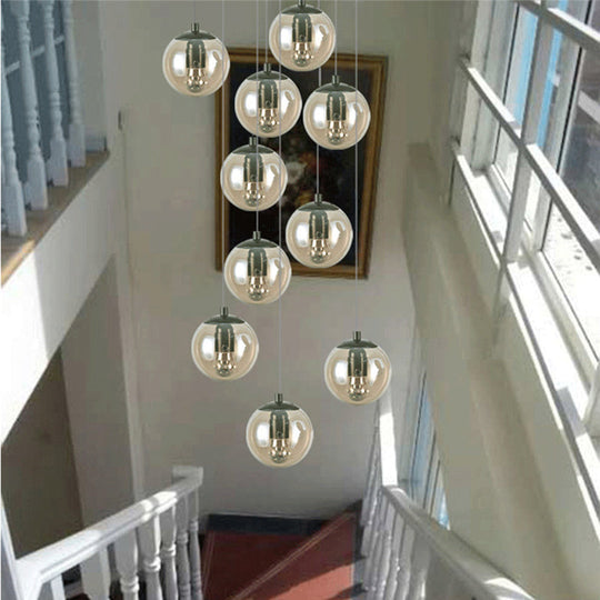 Cognac Glass Globe Pendant Light With 10-Lights For Stairs Or Ceiling