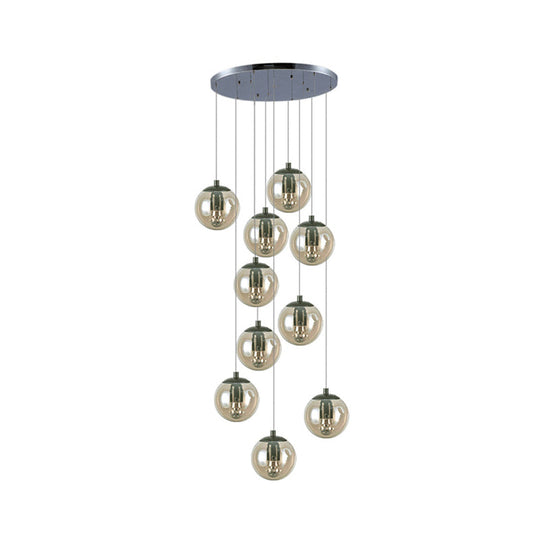 Cognac Glass Globe Cluster Pendant - 10-Light Ceiling Light For Stairs