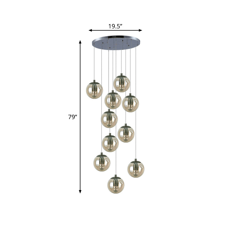 Cognac Glass Globe Cluster Pendant - 10-Light Ceiling Light For Stairs