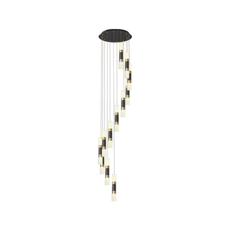 Contemporary Metal Tubular 12-Head Pendant Light Fixture In Black And White With Spiral Design