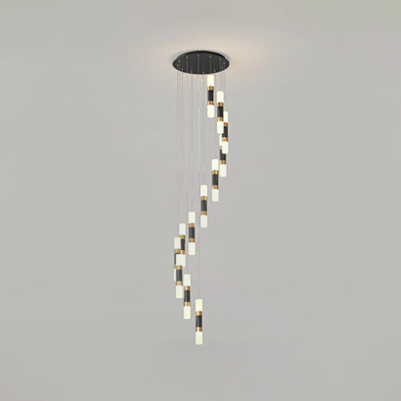 Contemporary Metal Tubular 12-Head Pendant Light Fixture In Black And White With Spiral Design