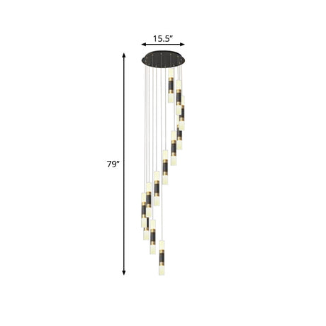 Contemporary Metal Tubular 12-Head Pendant Light Fixture In Black And White With Spiral Design