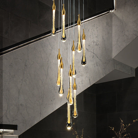 Gold Droplet Stairs Pendant Light Kit - Water Glass Modern Hanging Lamp