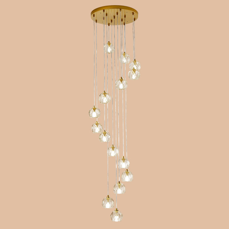 Clear Glass Multi Pendant Gold Pendulum Light With Spiral Design - Modern Stairway Lighting