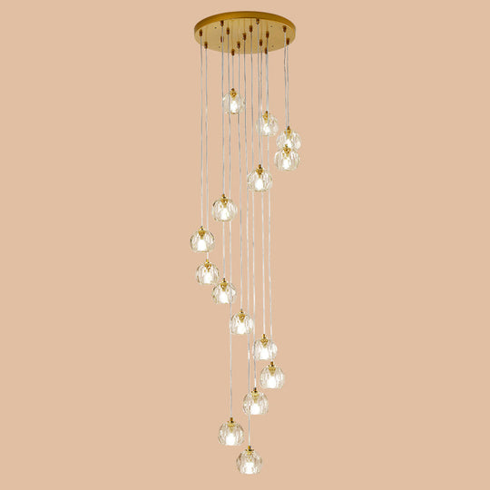 Modern Gold Spiral Design Glass Pendant Light For Stairs - Multi-Pendant Ball Clear Pendulum