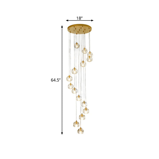 Clear Glass Multi Pendant Gold Pendulum Light With Spiral Design - Modern Stairway Lighting