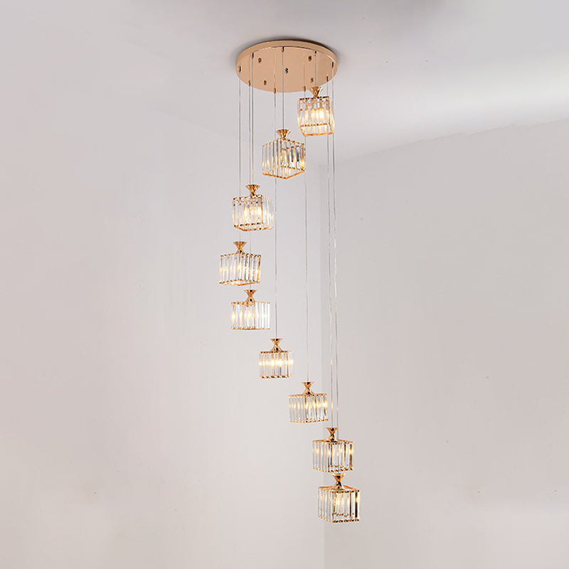 Beveled Crystal Cubic Pendant Suspension Light With Contemporary Swirl Design