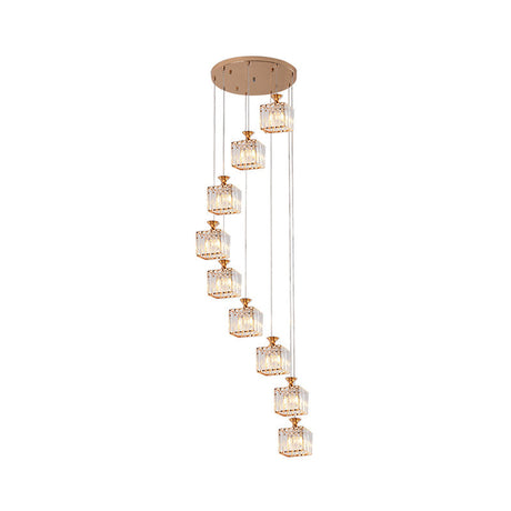 Beveled Crystal Cubic Pendant Suspension Light With Contemporary Swirl Design