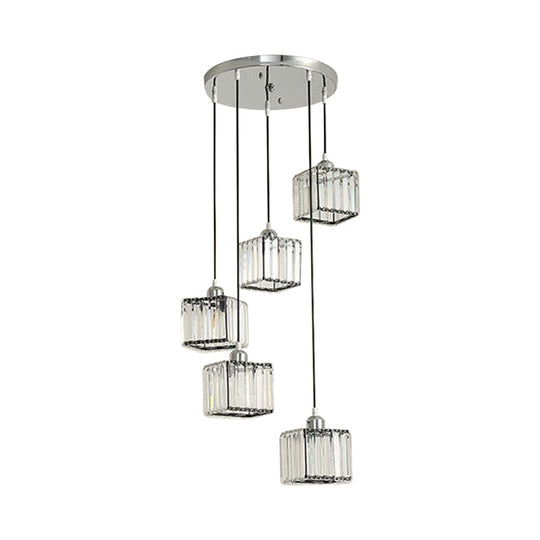Beveled Crystal Cubic Pendant Suspension Light With Contemporary Swirl Design