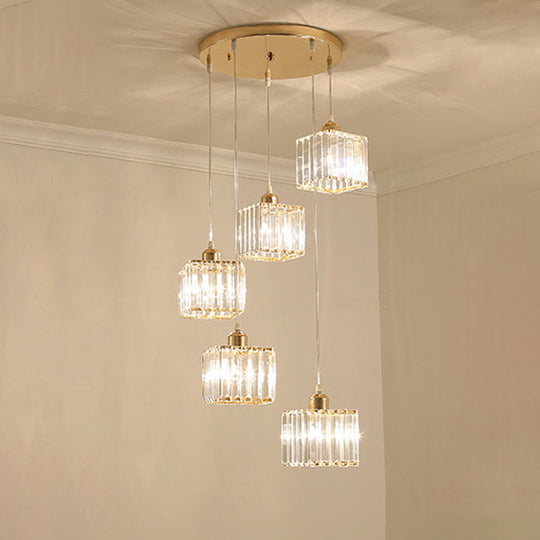 Beveled Crystal Cubic Pendant Suspension Light With Contemporary Swirl Design 5 / Gold