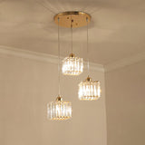 Beveled Crystal Cubic Pendant Suspension Light With Contemporary Swirl Design 3 / Gold
