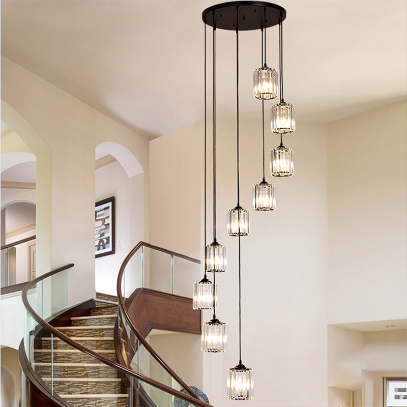 Modern Crystal Pendant Light For Stairs - Minimalist Black Cylinder Cluster Drop Lamp