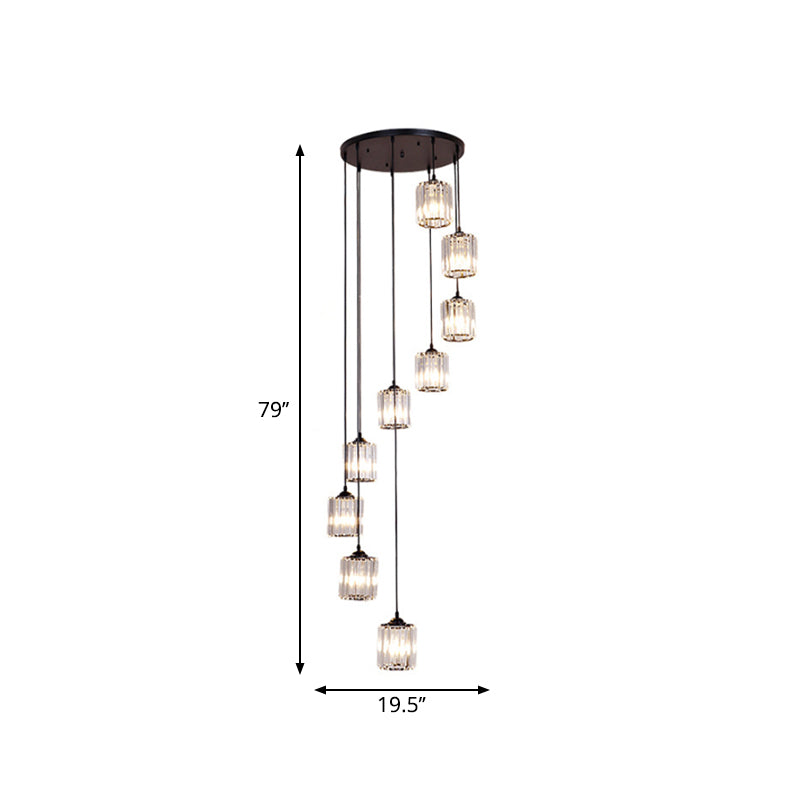 Modern Crystal Pendant Light For Stairs - Minimalist Black Cylinder Cluster Drop Lamp