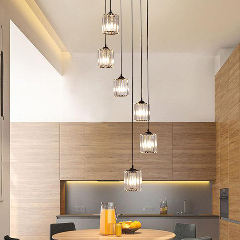 Clear Crystal Black Cylinder Cluster Pendant Light - Minimalist Stair Drop Lamp 6 /