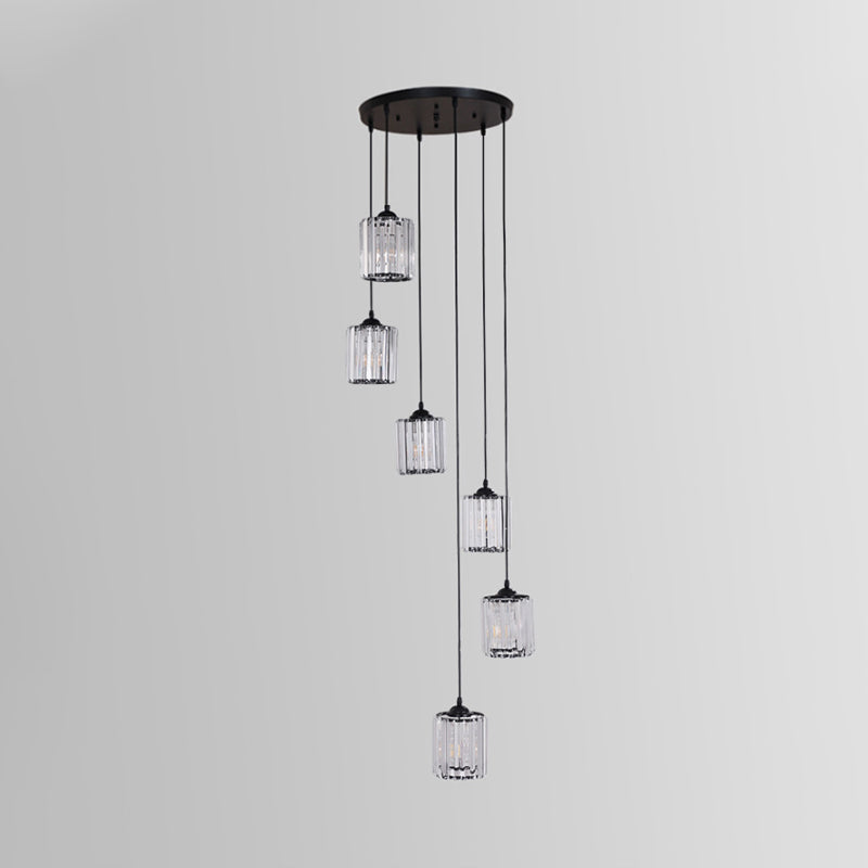 Modern Crystal Pendant Light For Stairs - Minimalist Black Cylinder Cluster Drop Lamp