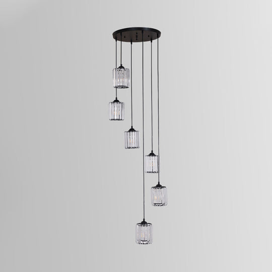 Modern Crystal Pendant Light For Stairs - Minimalist Black Cylinder Cluster Drop Lamp
