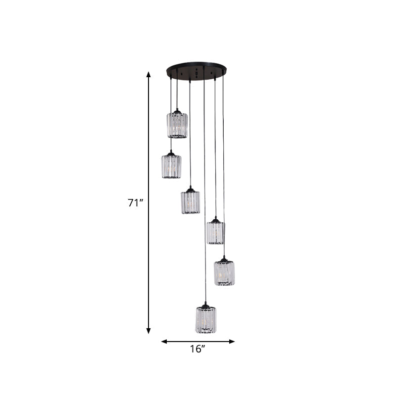 Modern Crystal Pendant Light For Stairs - Minimalist Black Cylinder Cluster Drop Lamp
