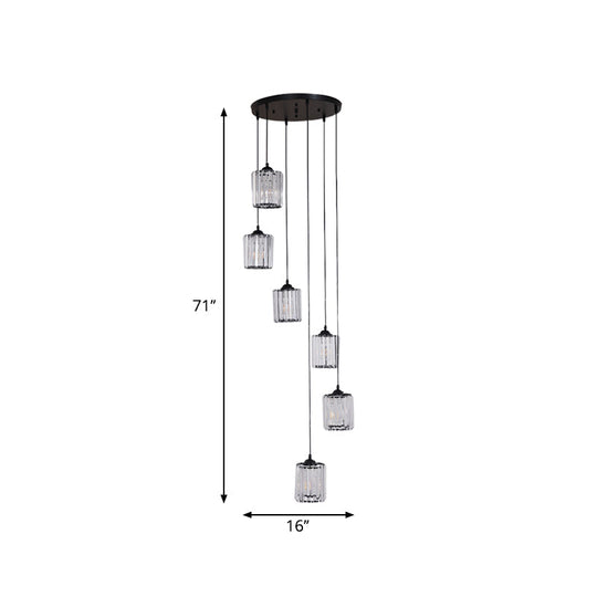 Modern Crystal Pendant Light For Stairs - Minimalist Black Cylinder Cluster Drop Lamp