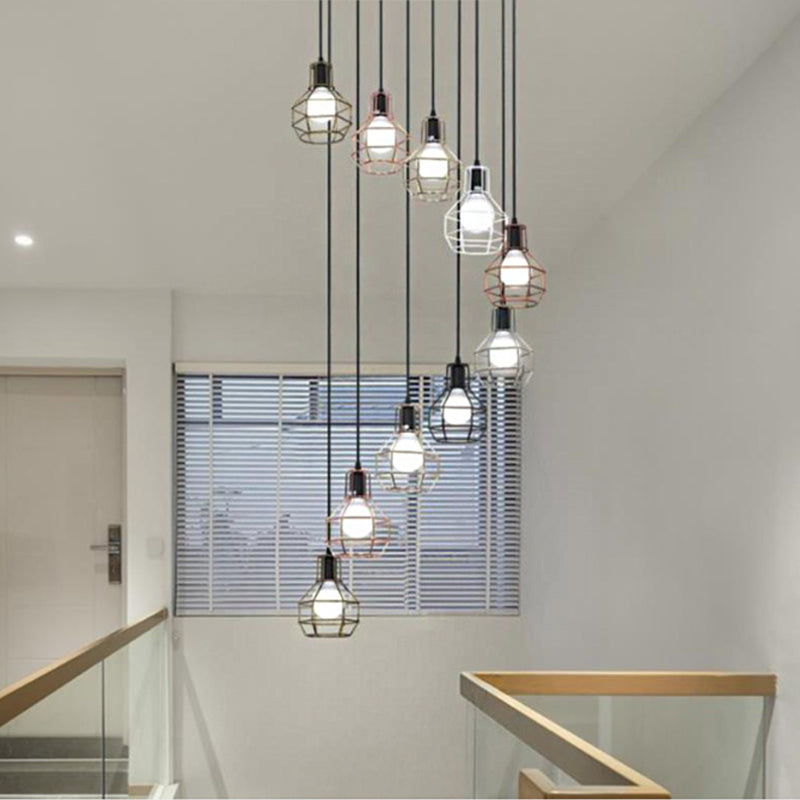 Modern Metal 7-Light Pendant Lamp In Black - Globe Cage Design Perfect For Stairs And Ceilings