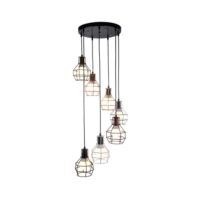 Black Metal 7-Light Pendant Chandelier With Globe Cages - Modern Stairs Ceiling Lamp
