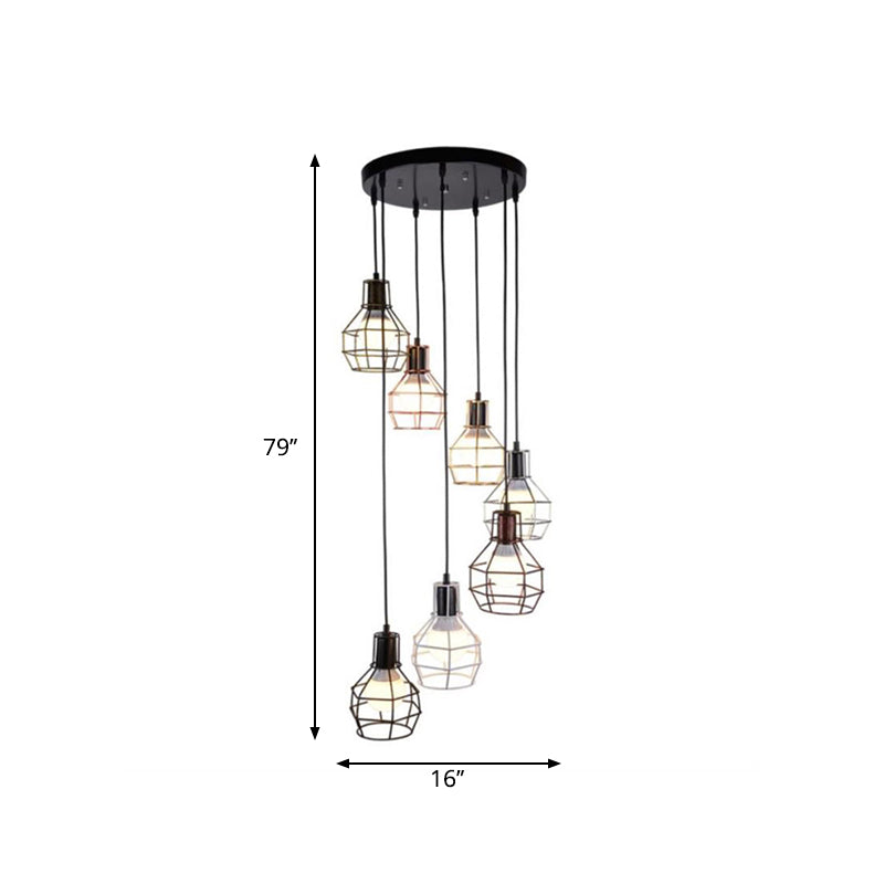 Black Metal 7-Light Pendant Chandelier With Globe Cages - Modern Stairs Ceiling Lamp