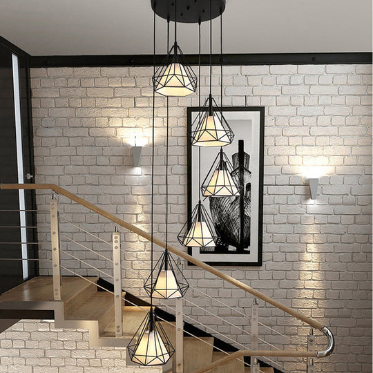 Minimalist Black Diamond Cage Pendant Light Kit With 6 Inner Fabric Shades: Versatile Corridor