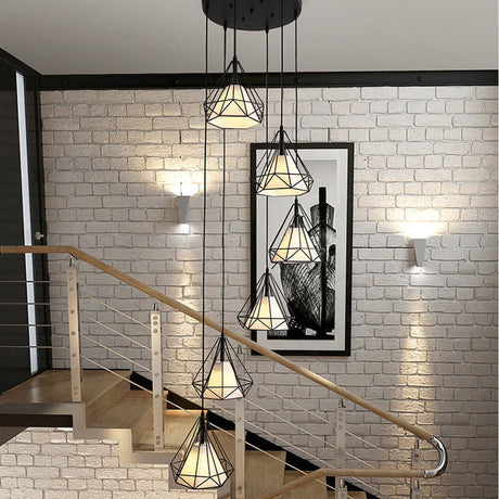 Black Diamond Cage Multi-Pendant Metal Light Kit - 6 Lights & Inner Fabric Shade Great For Corridors