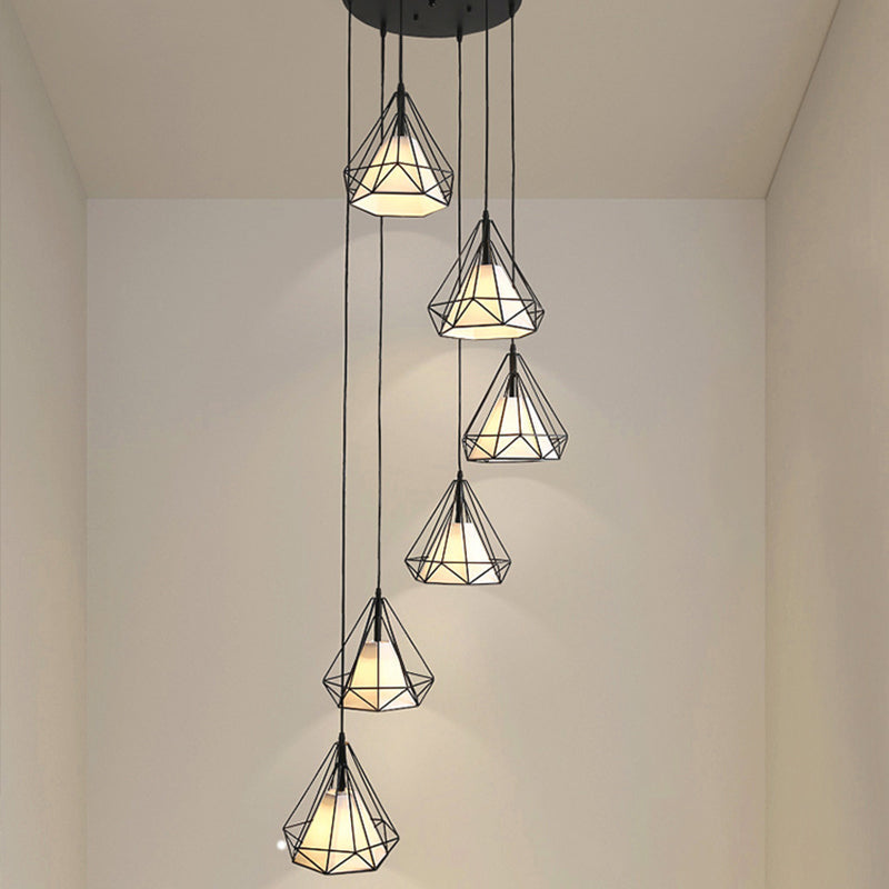Minimalist Black Diamond Cage Pendant Light Kit With 6 Inner Fabric Shades: Versatile Corridor