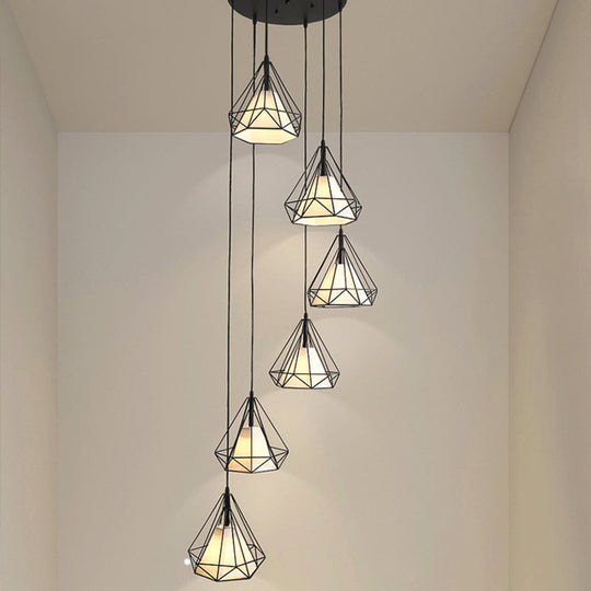 Minimalist Black Diamond Cage Pendant Light Kit With 6 Inner Fabric Shades: Versatile Corridor