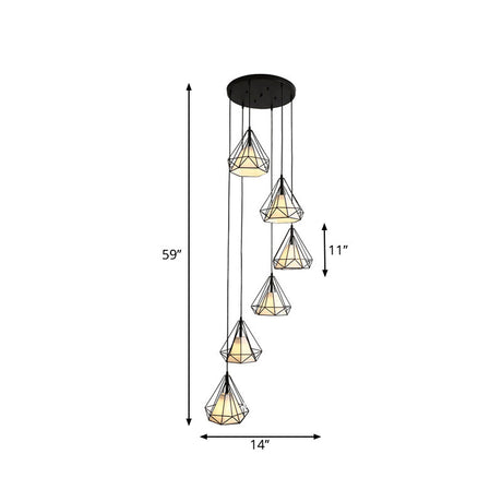 Black Diamond Cage Multi-Pendant Metal Light Kit - 6 Lights & Inner Fabric Shade Great For Corridors