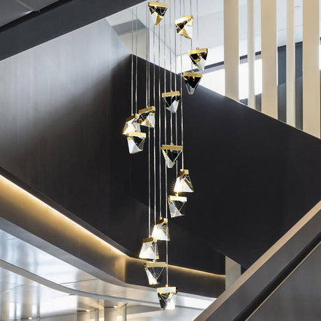 Contemporary Crystal Cluster Pendant For Stairs - Clear Triangle Spiral Hanging Light 15 /