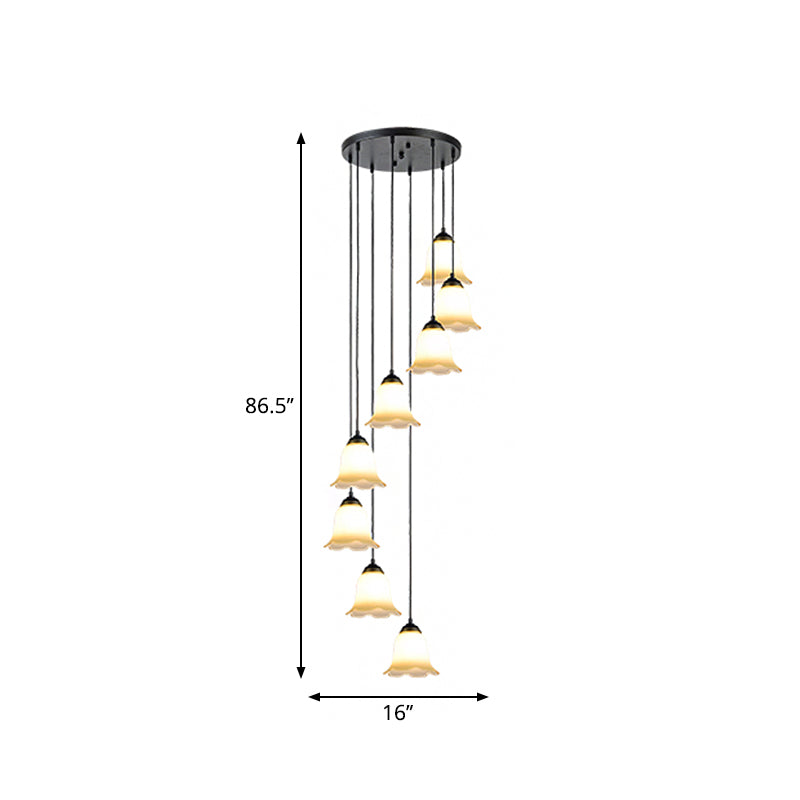 Black Minimalist Flower Stairs Multi-Pendant Light With Frosted Glass And Round Canopy