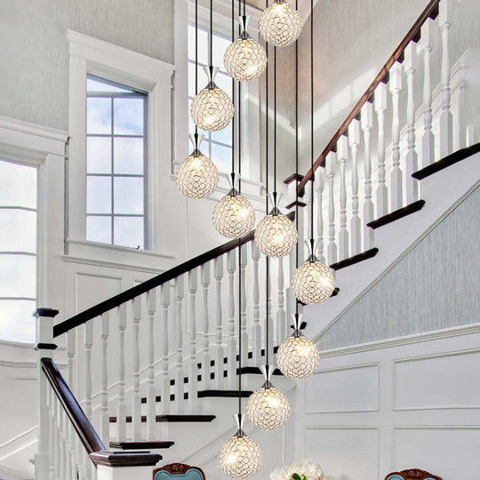 Modern Crystal Ball Pendant Light: Spiral Cluster Design 10-Light Hanging Fixture Silver / Round