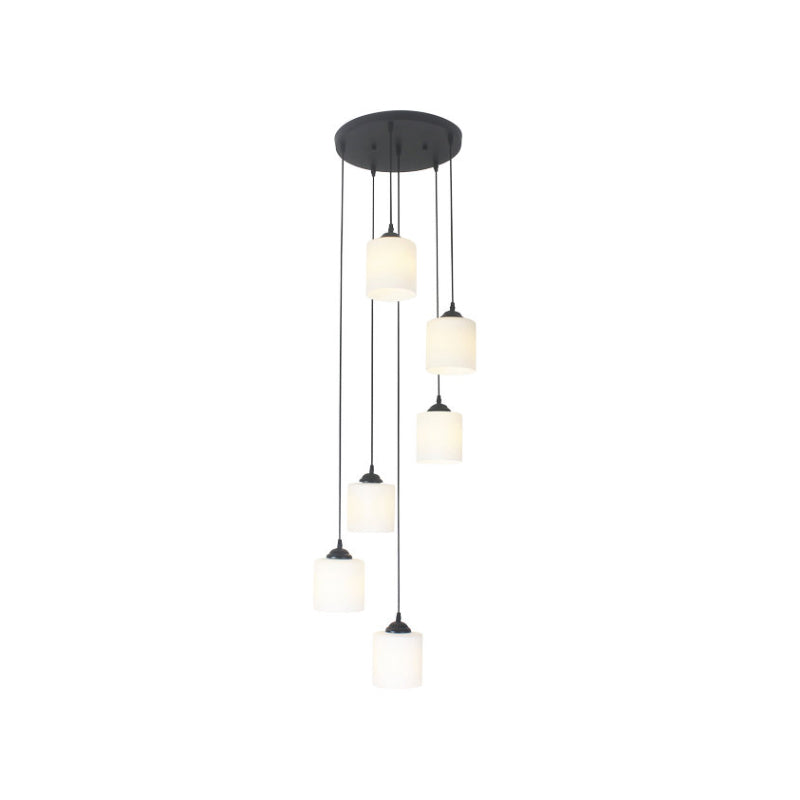 Opal Glass Modern Cylinder Pendant Light With Black Canopy For Stairs