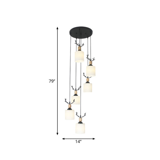 Opal Glass Modern Cylinder Pendant Light With Black Canopy For Stairs