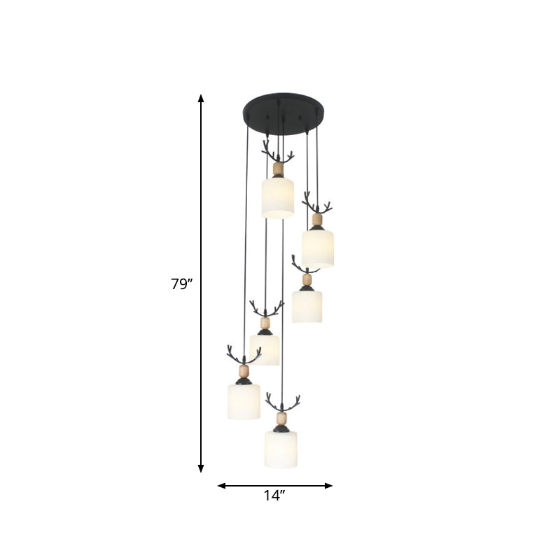 Opal Glass Stairs Pendulum Light: Modernist Cylinder Cluster Pendant In Black