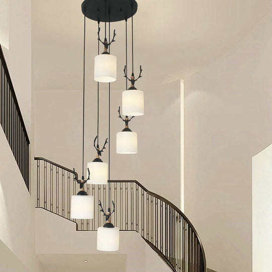 Opal Glass Stairs Pendulum Light: Modernist Cylinder Cluster Pendant In Black