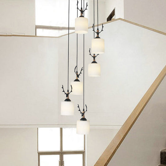 Opal Glass Modern Cylinder Pendant Light With Black Canopy For Stairs