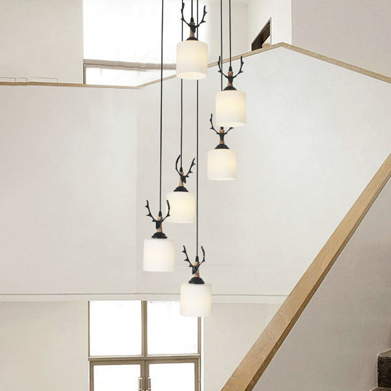 Opal Glass Stairs Pendulum Light: Modernist Cylinder Cluster Pendant In Black