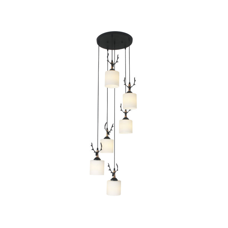 Opal Glass Modern Cylinder Pendant Light With Black Canopy For Stairs