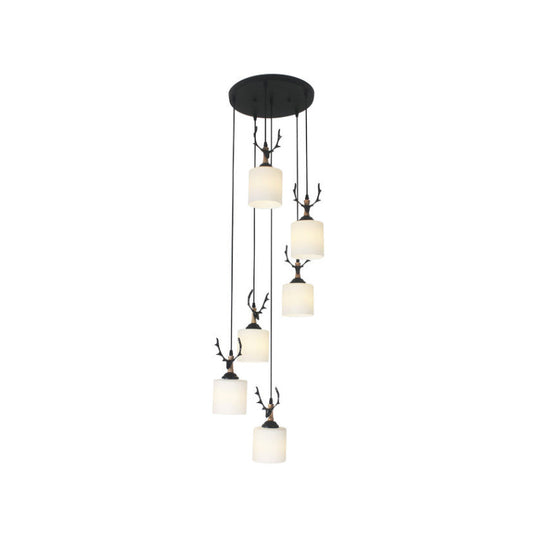 Opal Glass Stairs Pendulum Light: Modernist Cylinder Cluster Pendant In Black