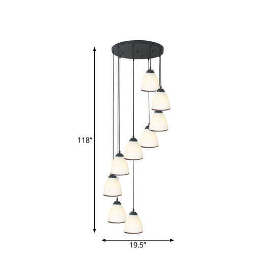 Contemporary Dome Stairs Swirl Pendant Light In Black With Opal Glass Accent Stylish Hanging